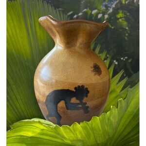 Kokopelli Native American Vase Brown  With Decorative Stripe & Scalloped Opening